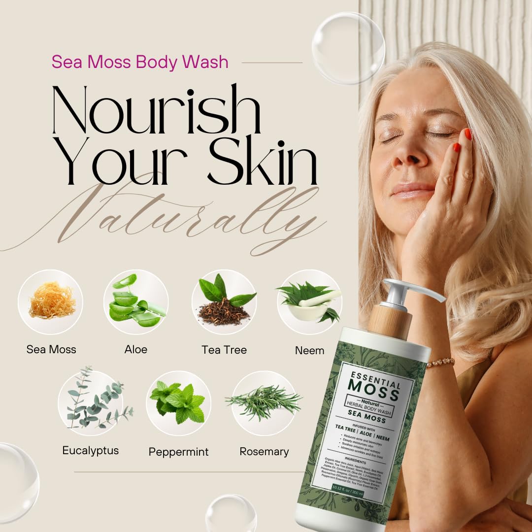 Sea Moss Body Wash with Tea Tree, Neem, Rosemary & Aloe – Fights Jock Itch, Ringworm, Athlete's Foot, Eczema, Body Odor – Antifungal & Antibacterial Soap for Men & Women