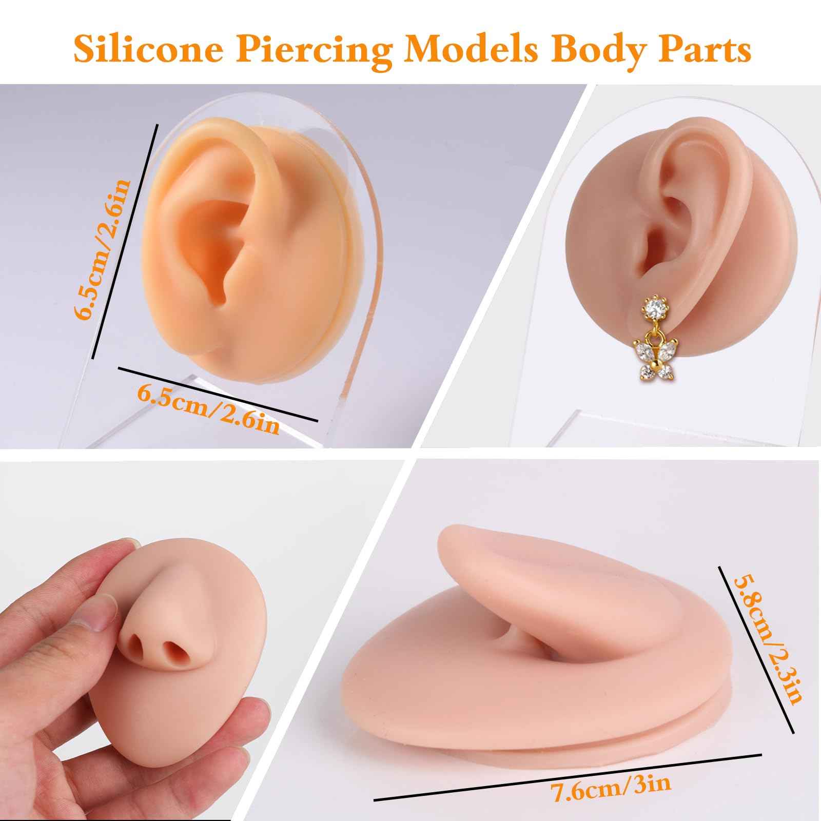 Yangna 7pcs Silicone Piercing Practice Kit with Acrylic Display Stand - Realistic Fake Ears, Nose, Tongue, Navel, Eye & Mouth Models for Piercing Training & Jewelry Display