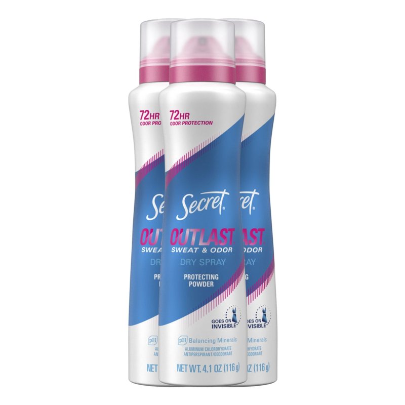 Secret Outlast Dry Spray Antiperspirant Deodorant for Women, 72hr Sweat & Odor Protection, PH Balancing Minerals, Protection Powder Scent, 4.1 oz (Pack of 3)