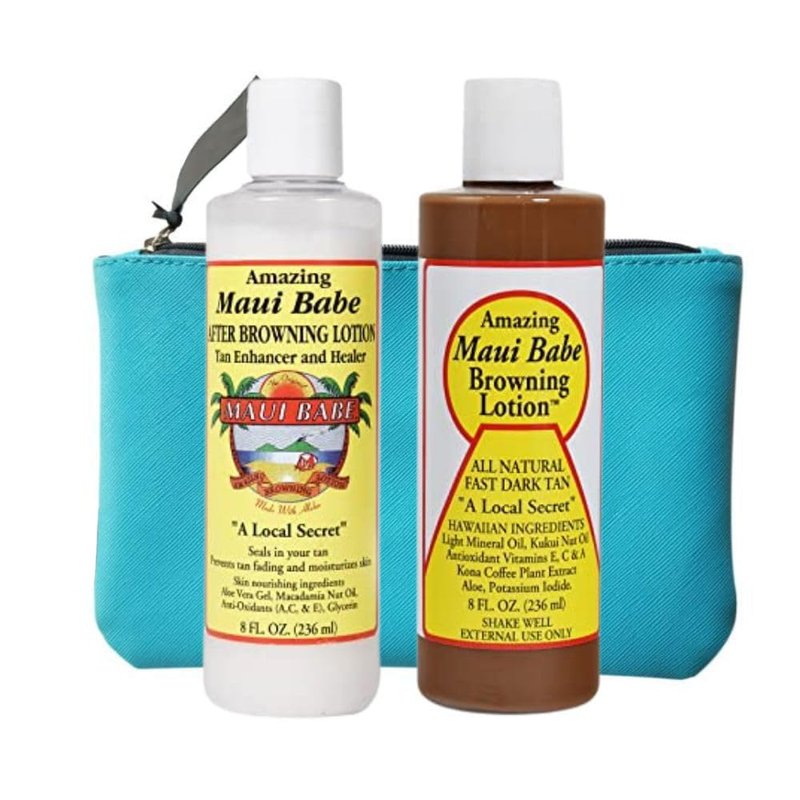 Maui Babe Tanning Lotion Set - 8oz Browning & After Sun Lotion with Makeup Bag | Outdoor Tan Enhancer & Moisturizer