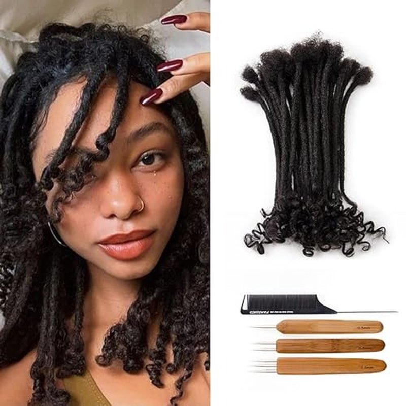 Loose Curly Ends Human Hair Dreadlocks Extensions 0.4cm-0.8cm Width 8-16 Inch 100% Human Hair Handmade Loc Extensions with Needle and Comb (10 Inch 20 Strands, 0.6cm Width, Natural Black)