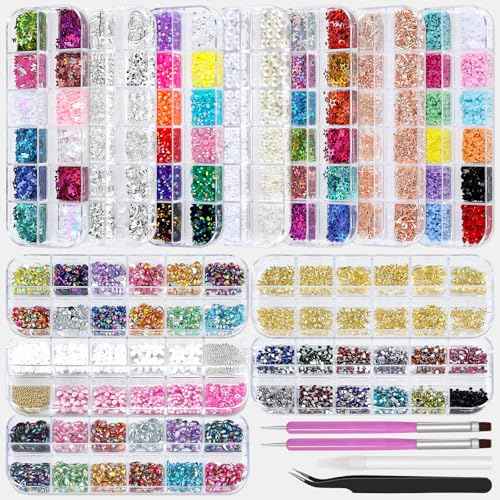 12 Boxes Nail Art Kit with Nail Charms, Gems, Rhinestones & Studs - Flatback Rhinestones, 3D Gold/Silver Charms, White Half Pearls, Pink Flower Charms, Star/Butterfly Sequins + 4 Tools for DIY Crafts