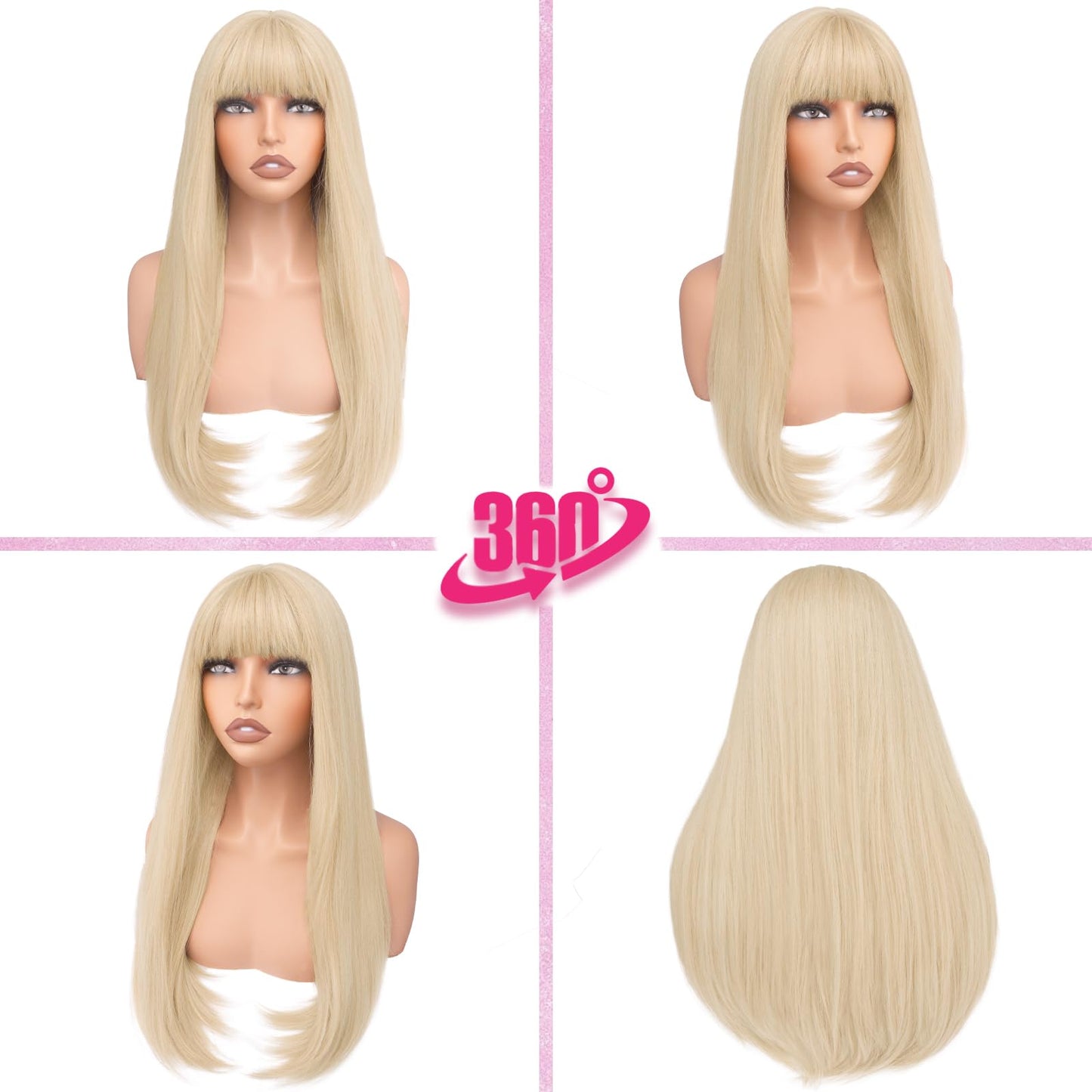 BARSDAR Long Blonde Wig With Bangs - Long Straight Blonde Wig with Bangs for Women - 24 Inch Natural Looking Thick Soft Synthetic Hair Replacement Wigs Daily Cosplay Party Halloween