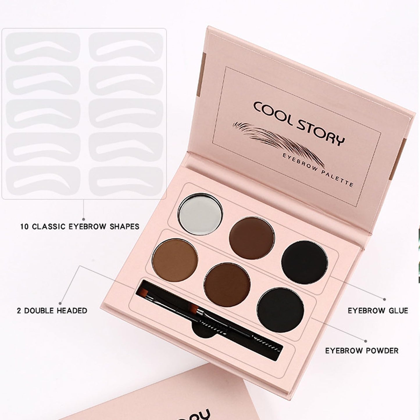 6‑Color Eyebrow Powder & Pomade Palette, Waterproof Long Lasting Brow Styling Kit with Clear Brow Gel, 10 Reusable Eyebrow Stencils & 2 Double‑Ended Brushes, Natural Brow Shaping Makeup for Beginners