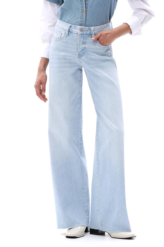 ONESO Mid Waisted High Stretchy BBL Wide Leg Baggy Jeans Tummy Control Holiday Party Distressed Denim Pants Light Blue