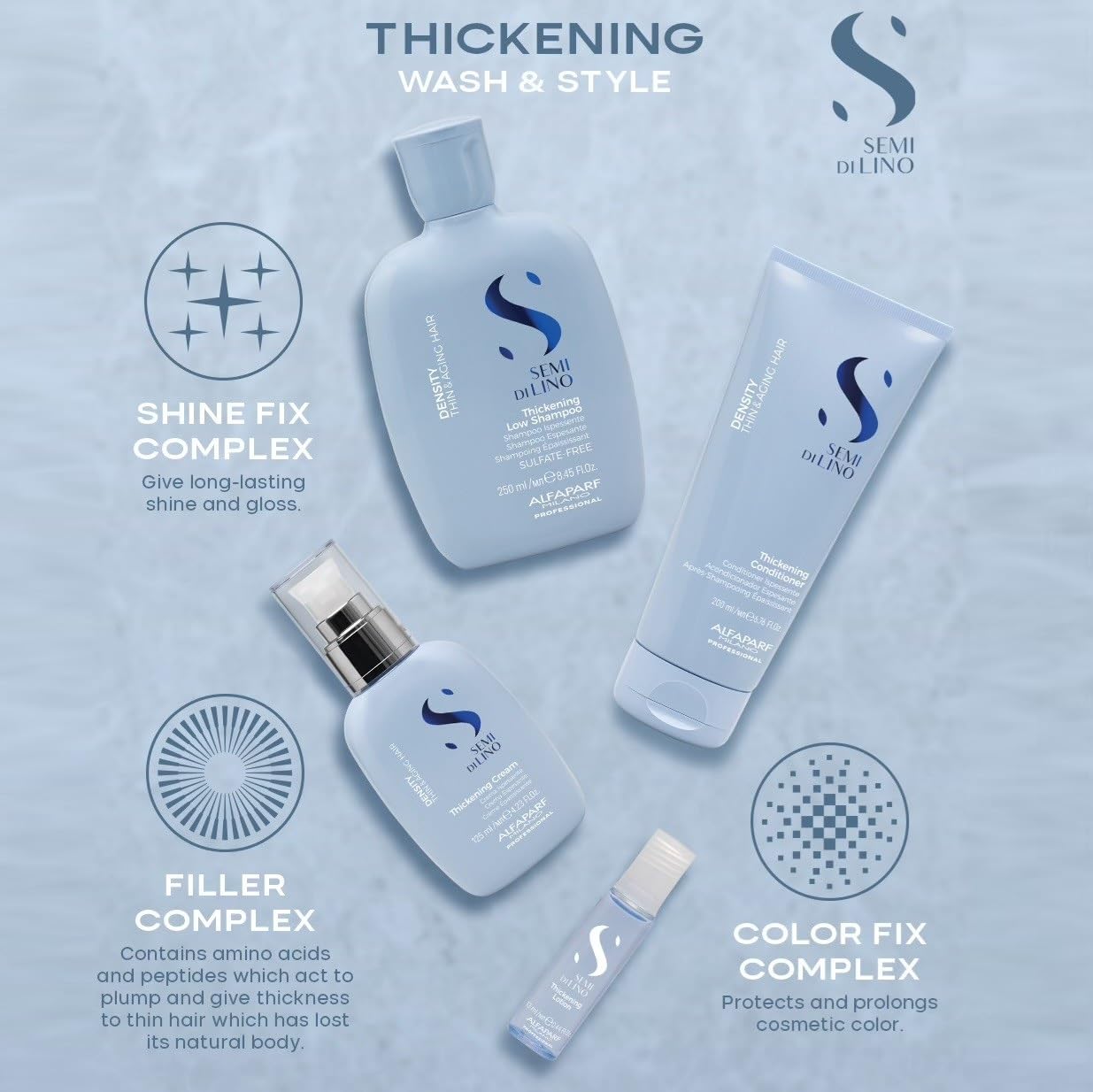 Alfaparf Milano Semi di Lino Density Thickening Serum with Heat Protection – Leave-In for Fine and Thinning Hair - Plumps with Peptide and Amino Acids - Adds Volume, Body, Shine - 6 Vials