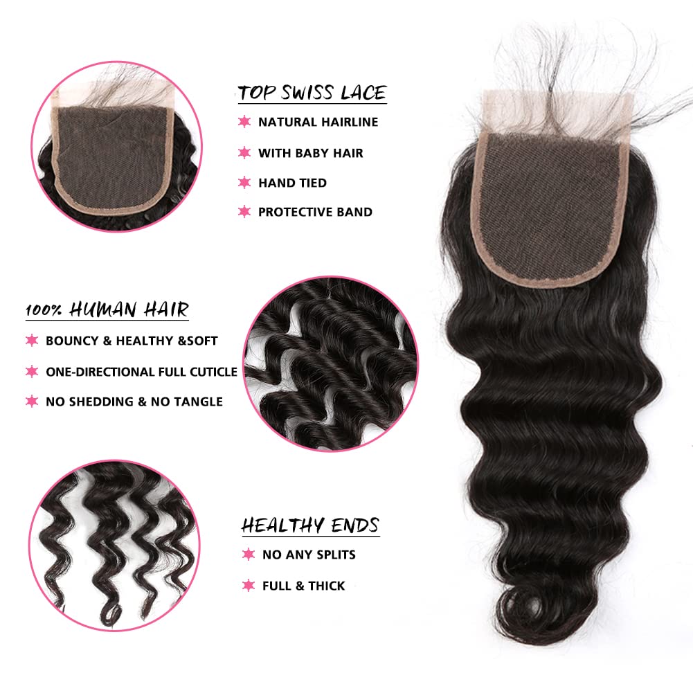 Sent Hair Remy Human Hair 4x4 Loose Deep Wave Lace Closure Human Virgin Hair Piece Free Part with Baby Hair Natural Color 18"