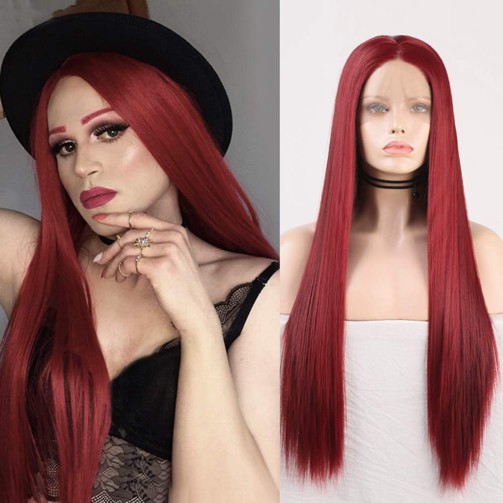 RDY Wine Red Wig Long Silky Straight Burgundy Synthetic Lace Front Wig for Women Cosplay Wig with Pastel Heat Friendly Fiber Glueless Wig Half Hand Tied Frontal Lace Wigs with Natural Hairline 20 Inch