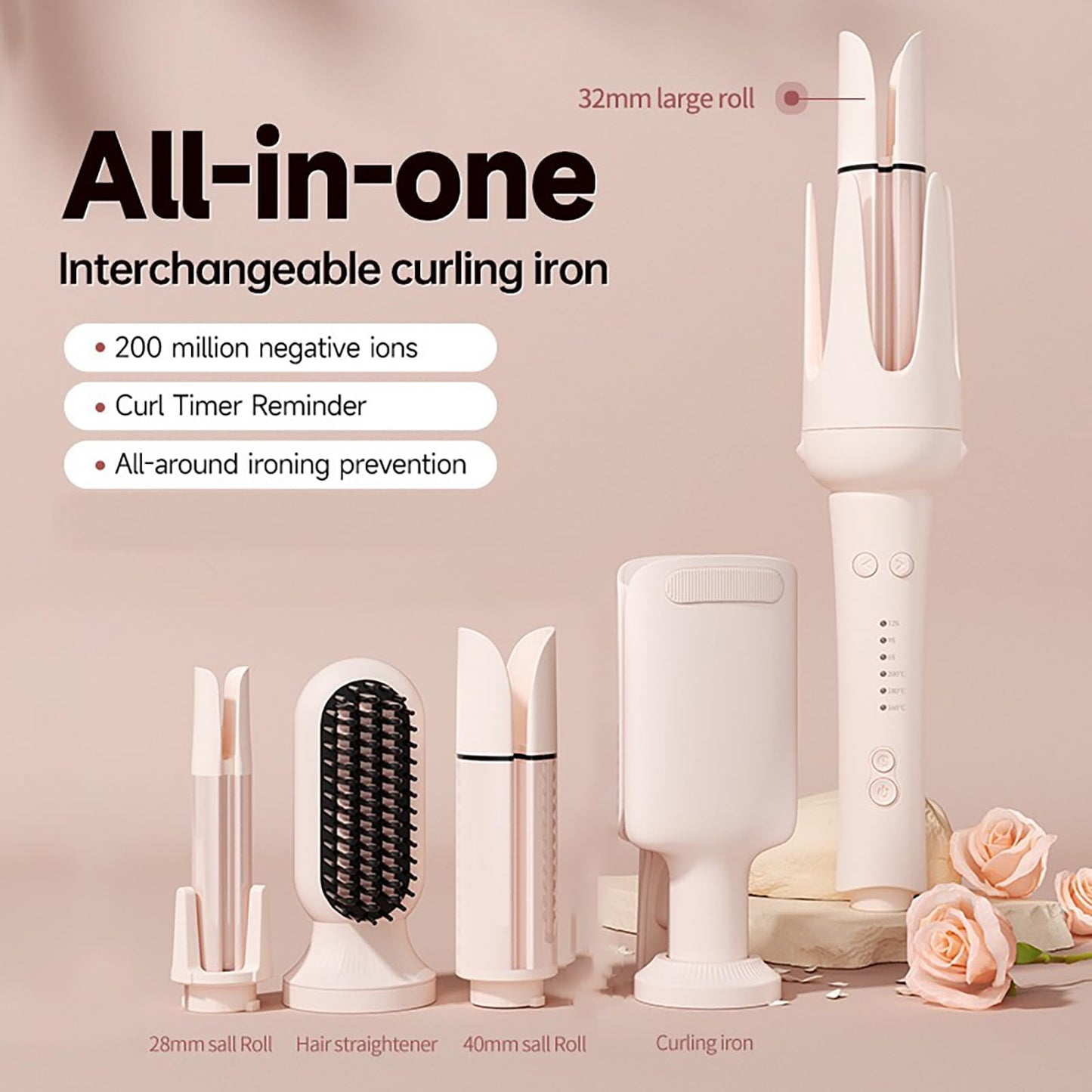 5 in 1 Interchangeable Curling Iron Set, 5 Styling Tools, 28mm，32mm，40mm Roll, Hair Straightener Brush，Volumizing Comb，and Curling Iron，3 Temp & Timer & Negative Ions