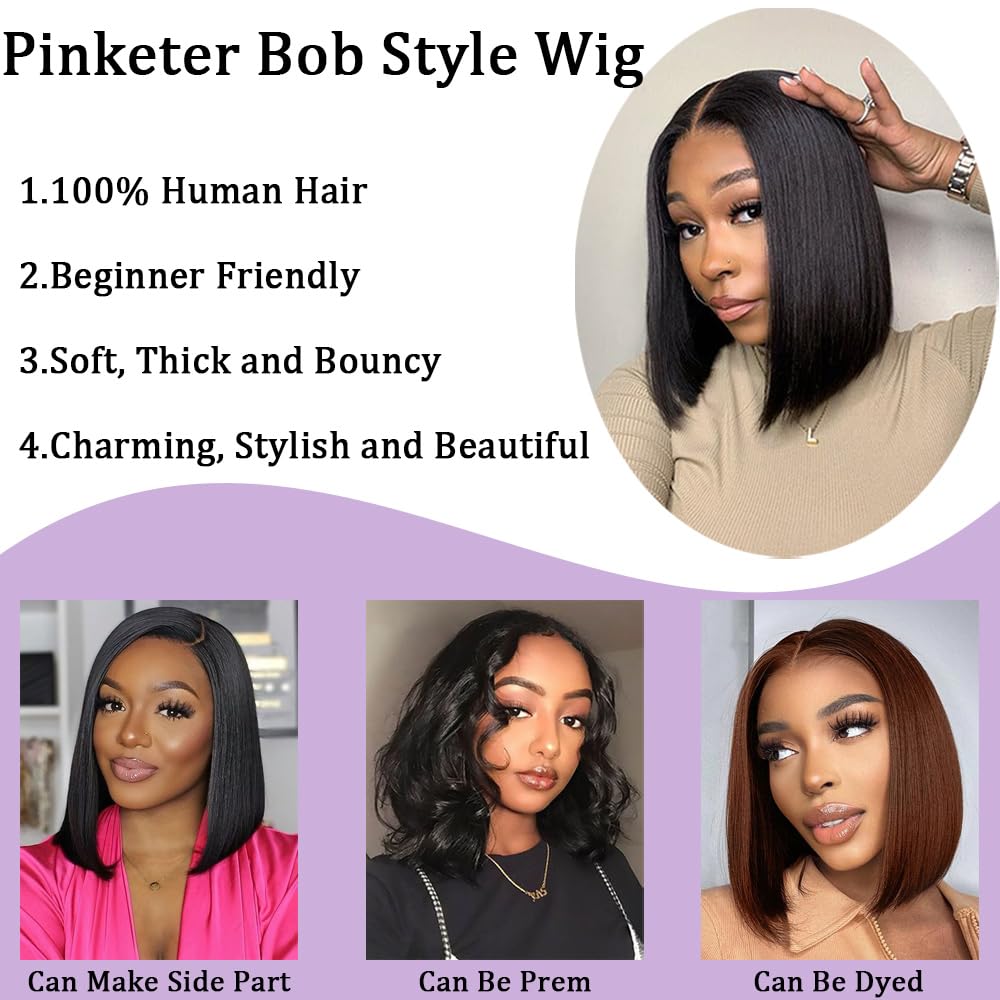 Pinketer Glueless Wigs Human Hair Pre Plucked Pre Cut Wear and Go Straight Bob Wigs 4x4 Lace Closure Wigs 180% Density Short Human Hair Wigs for Black Women (Glueless Wig, 12inch)