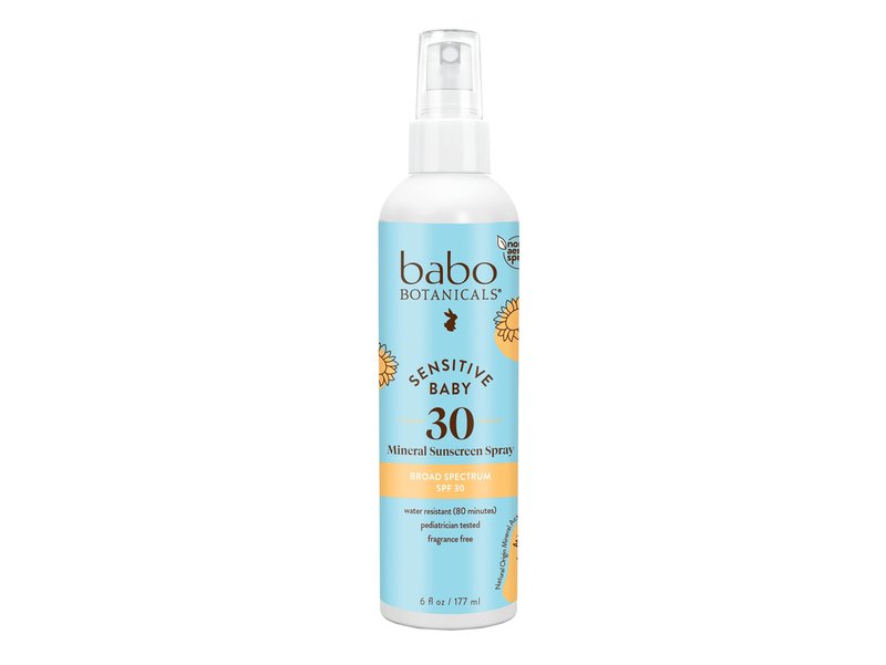 Babo Botanicals Sensitive Baby Mineral Sunscreen Spray SPF30 - Natural Origin Zinc Oxide - Non-Aerosol – Face & Body - Fragrance-Free - Water Resistant - For Babies & Kids