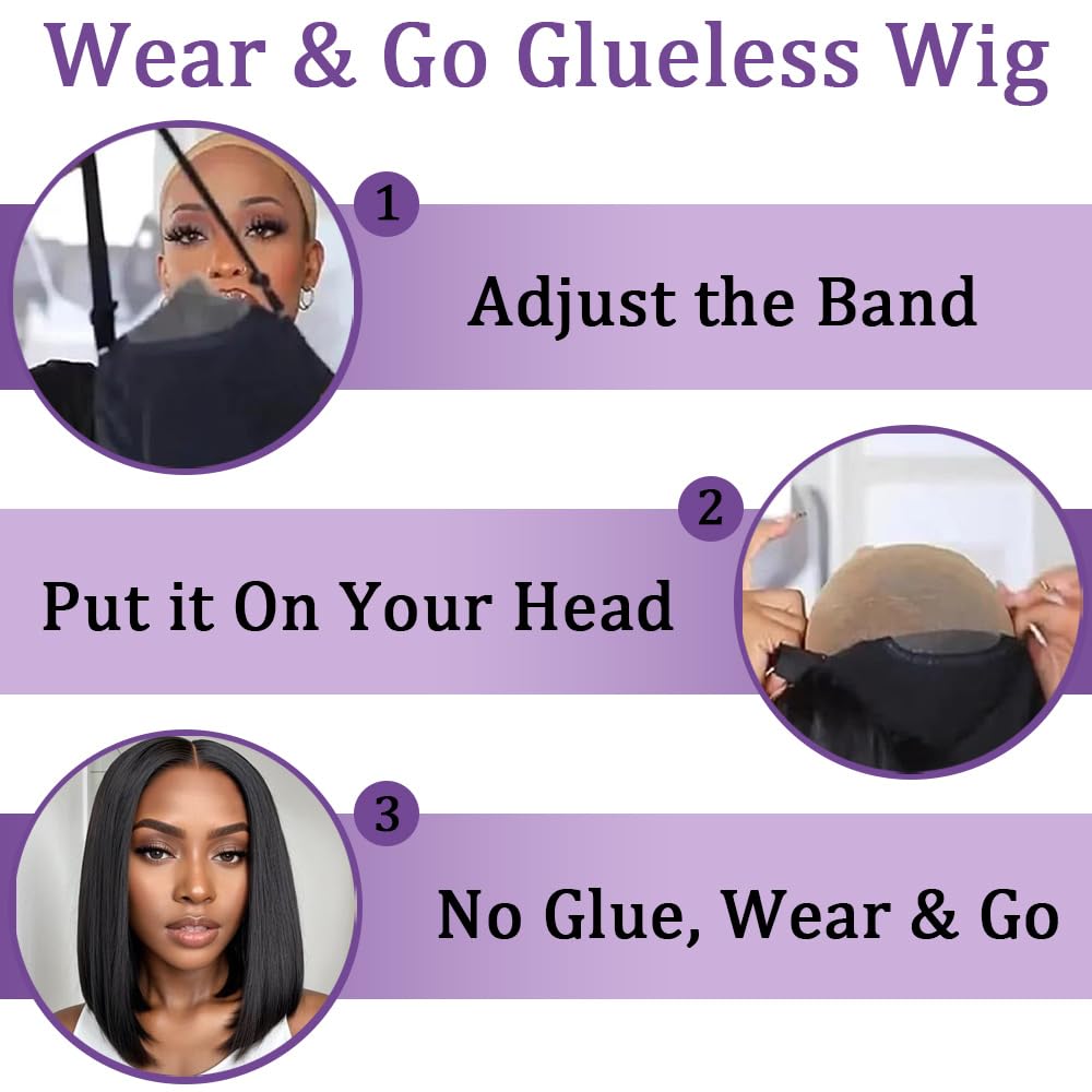 Pinketer Glueless Wigs Human Hair Pre Plucked Pre Cut Wear and Go Straight Bob Wigs 4x4 Lace Closure Wigs 180% Density Short Human Hair Wigs for Black Women (Glueless Wig, 12inch)