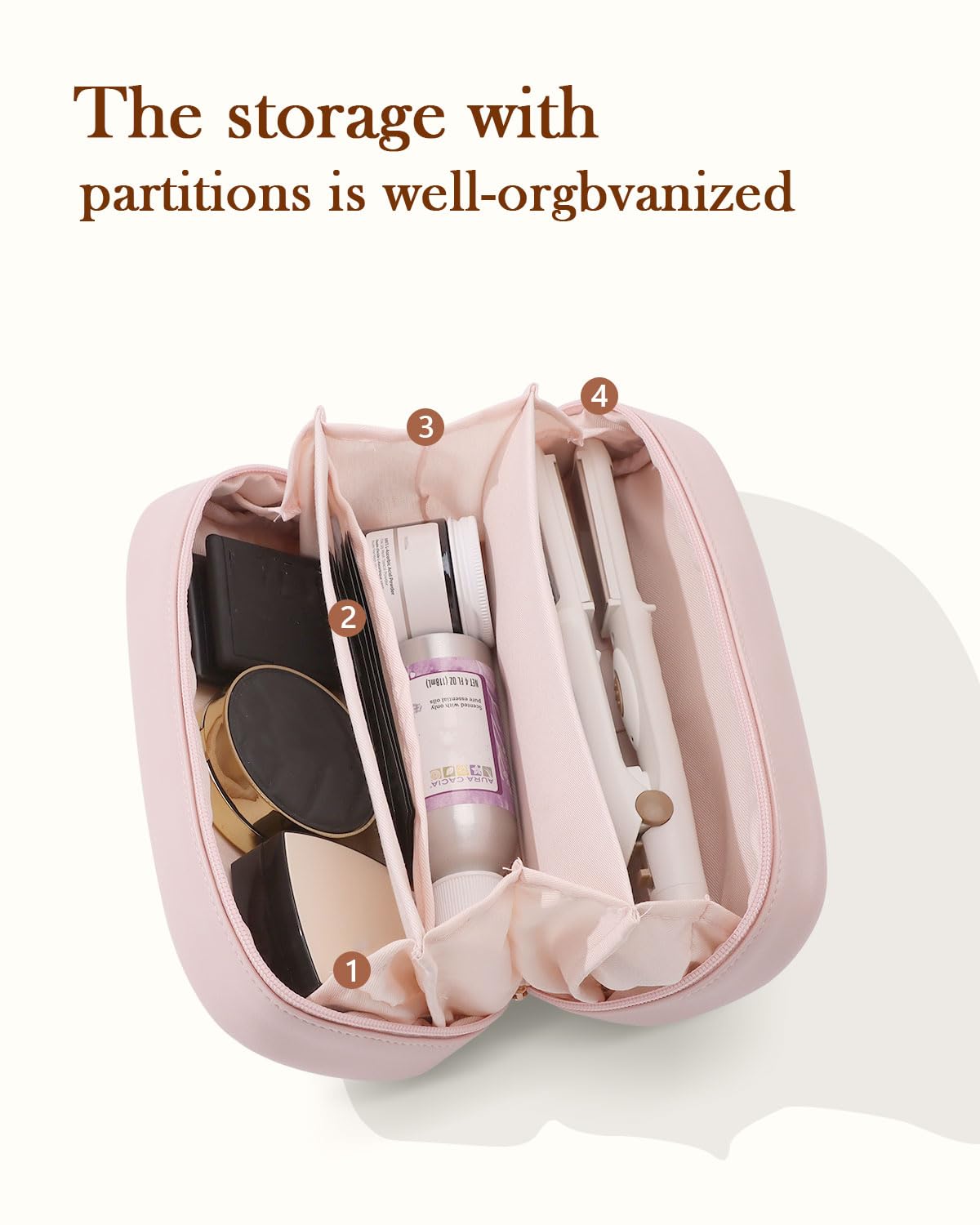 Pocmimut Makeup Bag,Open Flat Makeup Pouch Purse Car Accessories,Travel Essentials Organizer with Divider,Christmas Birthday Gifts for Mom and Lover,Pink