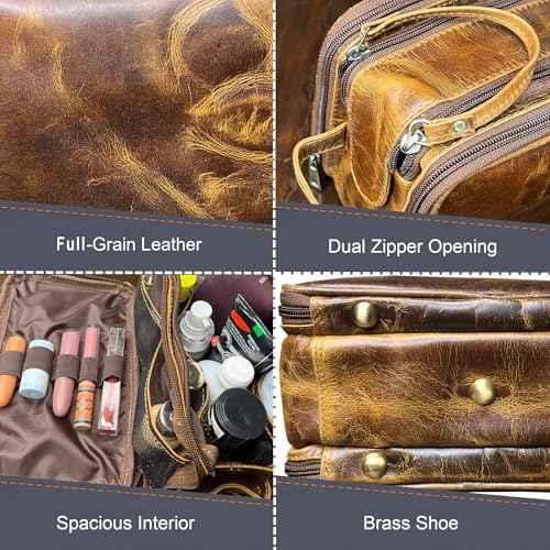RUSTIC TOWN Leather Toiletry Bag - Men Shaving Ditty Kit - Women Cosmetic Bag Makeup Organizer for Travel Size Toiletries