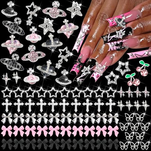 BELICEY 120Pcs 3D Nail Charms Pink Black Silver Bow Nail Charms Y2k Star Planet Cross Charms and Gems Pink Crystal Rhinestones Nail Jewelry for DIY Nail Art Design Crafts