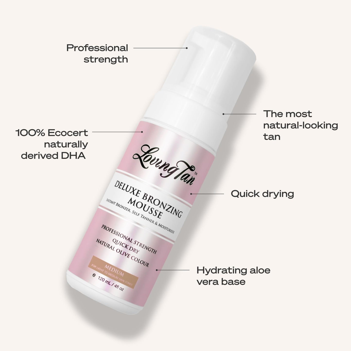 Loving Tan Deluxe Self Tanning Bronzing Mousse, Medium - Streak Free, Professional Quality Sunless Tanning - Up to 5 Self Tanner Applications per Bottle, Cruelty Free, Naturally Derived DHA - 4 FL Oz