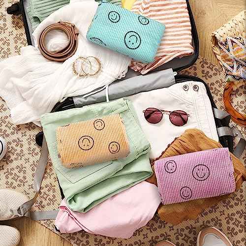 Photect 3 Pcs Corduroy Cosmetic Bag Smile Face Aesthetic Preppy Pencil Pouch Purse Travel Beauty Makeup Bags for School Christmas Women Holiday Organizer Gifts(Classic,Pink, Yellow, Green)