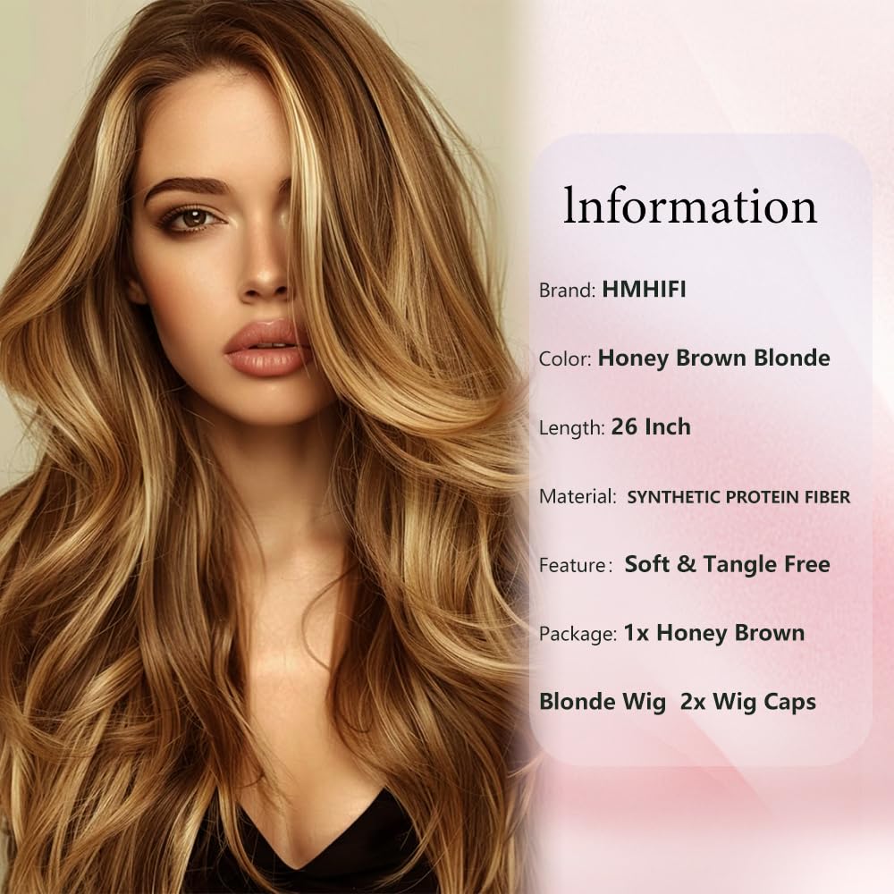 HMHIFI Long Brown Mixed Blonde Wigs for Women Highlights Blonde Wig Natural Middle Part Synthetic Curly Hair Heat Resistant Fiber Hair Replacement Wigs for Daily Party