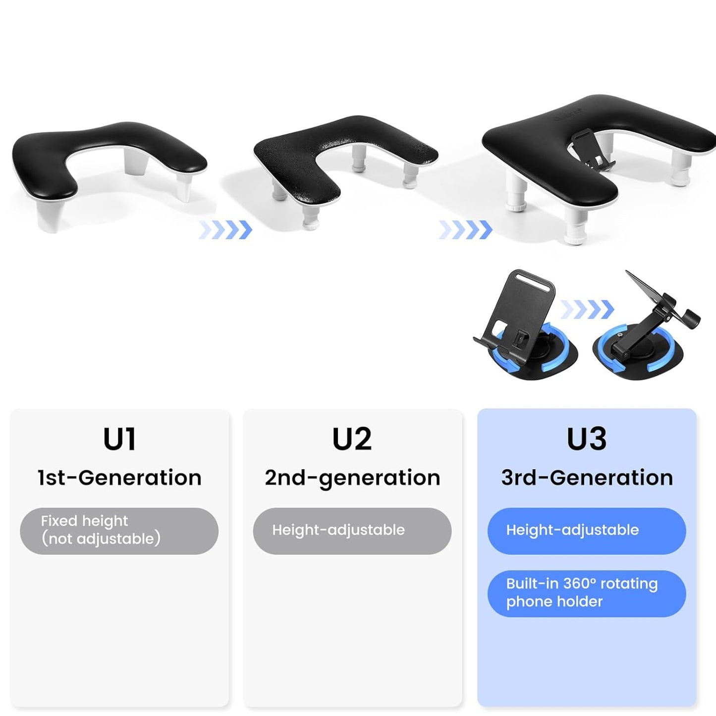 Manicure Nail Arm Rest - 3rd Gen Adjustable U-Shaped Hand Pillow with Rotating Phone Stand | Black