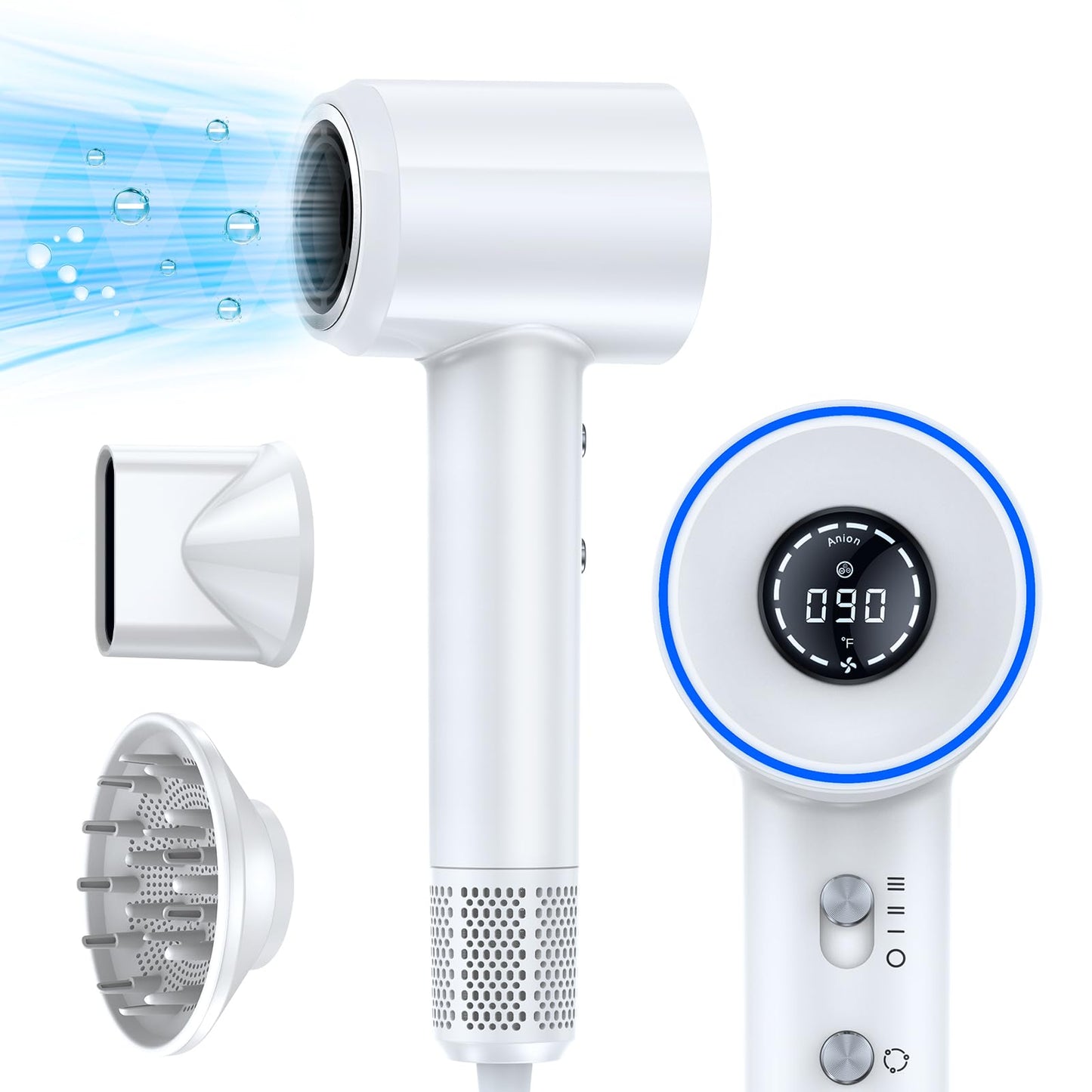 VivaEase Hair Dryer, 1400W Professional High Speed Hairdryer with Diffuser and Nozzle, 500 Million Negative Ionic Hair Dryer, 3 Speeds and 5 Temps with HD Display, Low Noise Blow Dryer for Home Salon