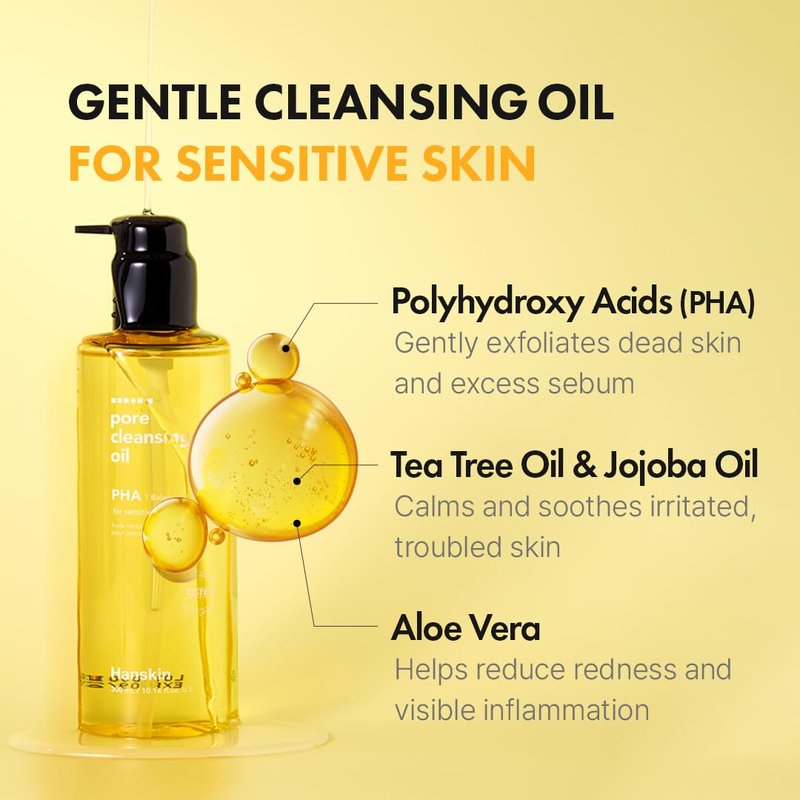 Hanskin PHA Pore Cleansing Oil - Korean Cleansing Oil for Face, Lightweight Makeup Remover & Oil Cleanser, Removes Makeup, Sunscreen & Excess Oil, Double Cleansing for Sensitive Skin, XL 10.14 oz