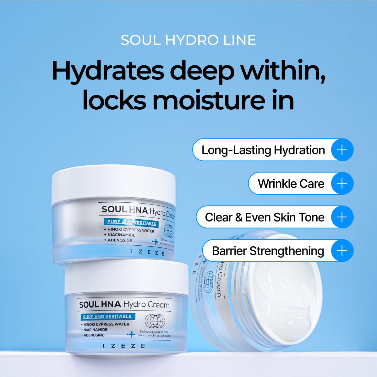 IZEZE Soul HNA Hydro Cream 1.69 fl.oz, 50 ml | Hyaluronic Acid Moisturizer Face Cream with Adenosine, Cypress Water, Niacinamide | Korean Skincare for Dry Skin, Hydrating and Firming