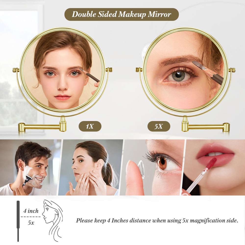 Cerdeco 8 Inch 1X/5X Double Sided Makeup Wall Mount Mirror with Gold Plated Finish 360 Swivel Extendable Cosmetic Shaving Mirror