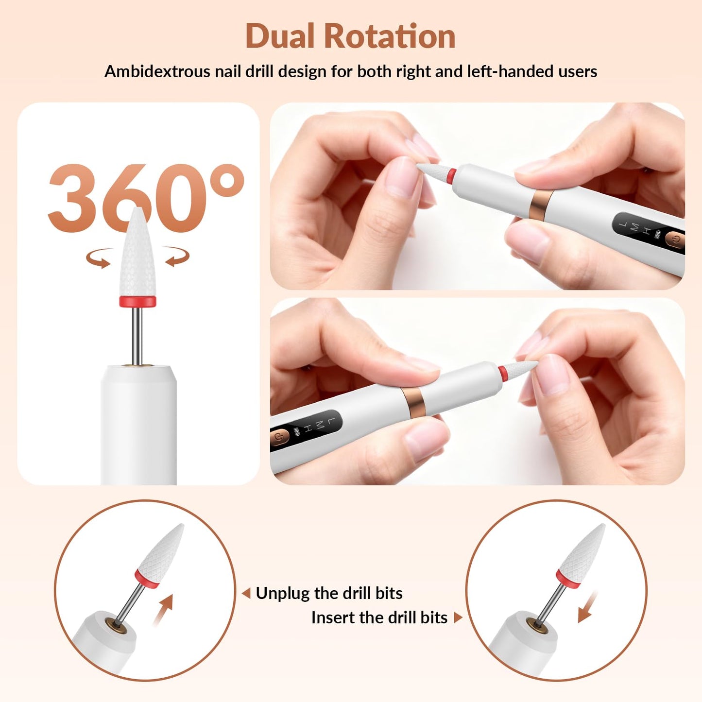 Portable Electric Nail Drill Kit Professional - 30000RPM Cordless Rechargeable Electric Nail File, with 12 Drill Bits & 36 Sanding Bands for Acrylic, Gel & Natural Nails, for Salon, Home and Travel