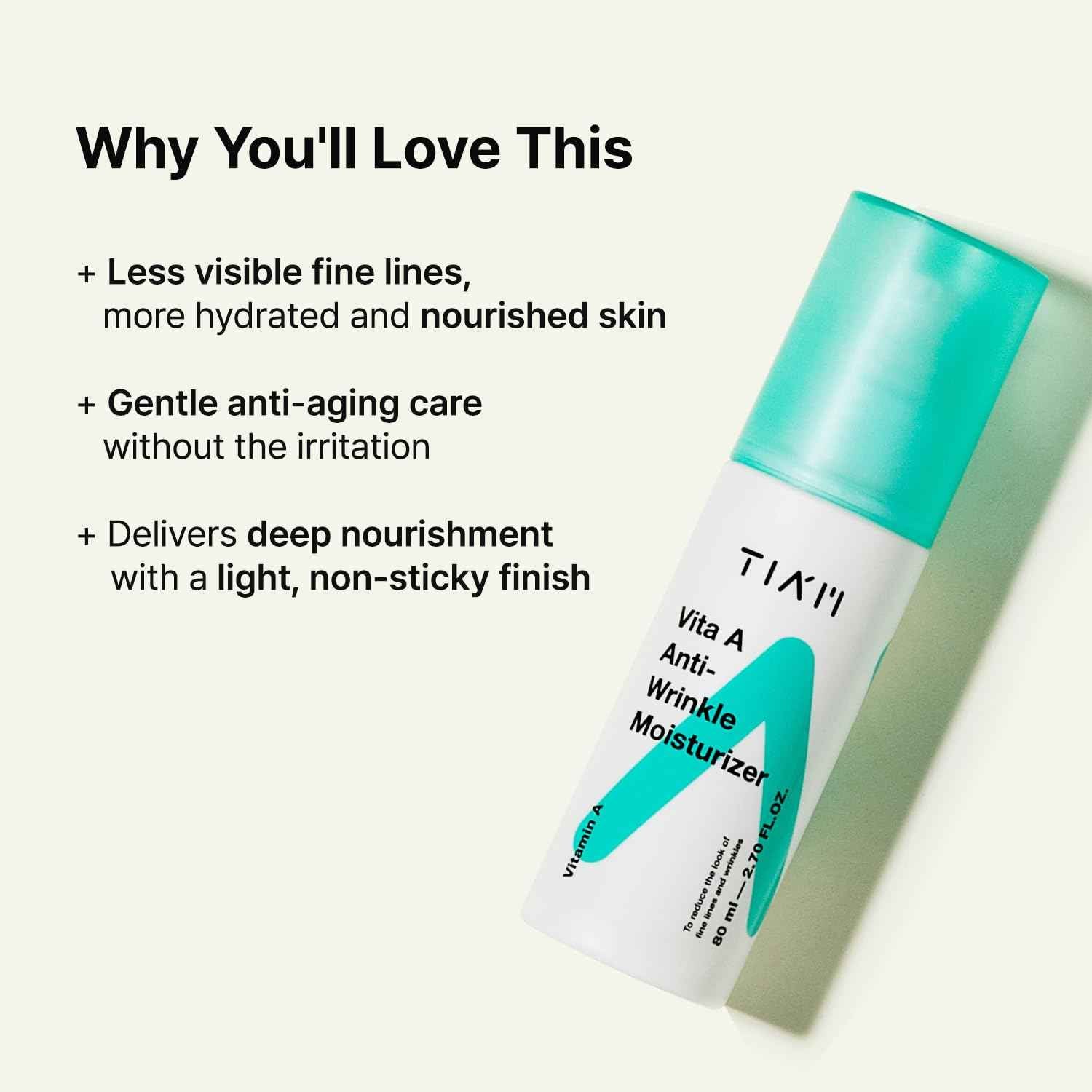 TIA'M Vita A Anti-Wrinkle Moisturizer, 2.7 fl oz, Lightweight Moisturizing Cream for Firming, Soft and Glowy Skin, Korean Skin Care