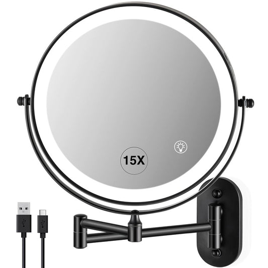 VORREMIRR Magnifying Mirror with Lights 1x/15x: 8.5" Double Sided Wall Mounted Lighted Makeup Mirror for Bathroom, 3 Color Lights & 360°Swivel Vanity Mirror, Brushed Nickel