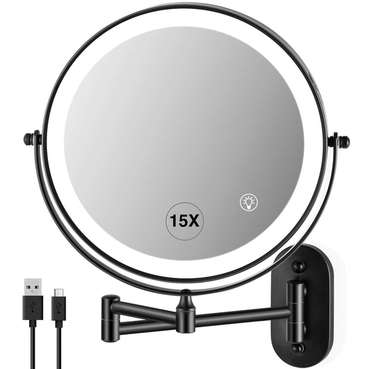 VORREMIRR 8.5 Inch Rechargeable Wall Mounted Makeup Mirror Brushed Nickel, Double Side Dual-Touch 1X/10X Magnifying Mirror with Light, 3 Color Lights 360°Swivel Extendable Bathroom Mirror
