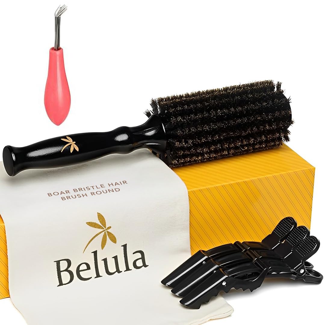 Belula 100% Boar Bristle Round Brush for Blow Drying,Medium Barrel 1.2-Inch