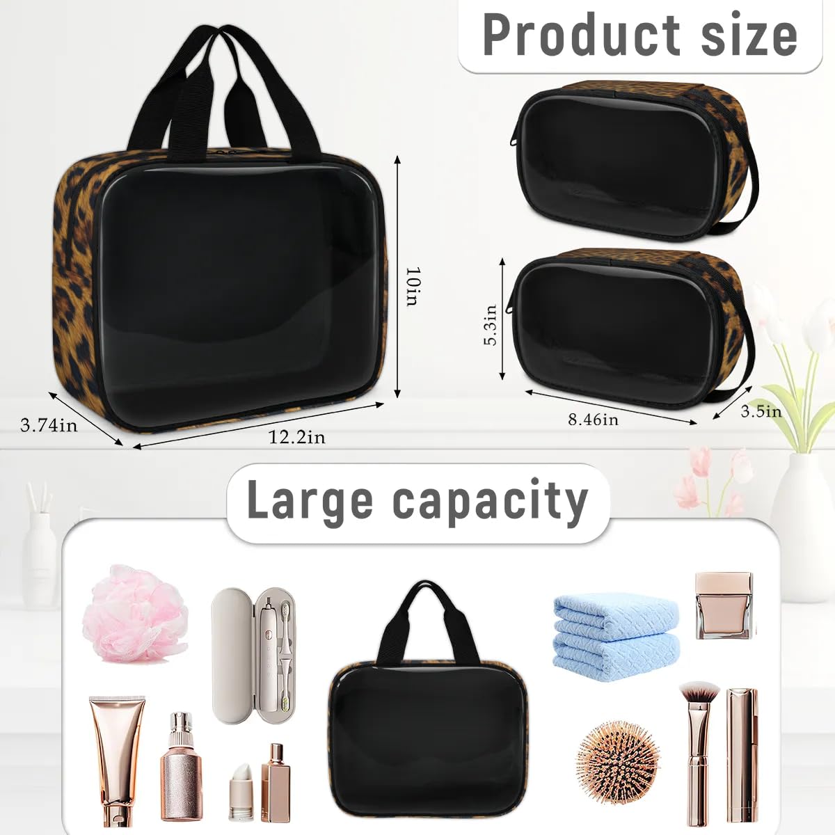 PATTERNFUL Clear Makeup Bag for Women Men, 3Pcs Transparent Cosmetic Bags Waterpoof Toiletries Set Portable Toiletry Bags with Zipper for Travel Bathroom(Leopard)
