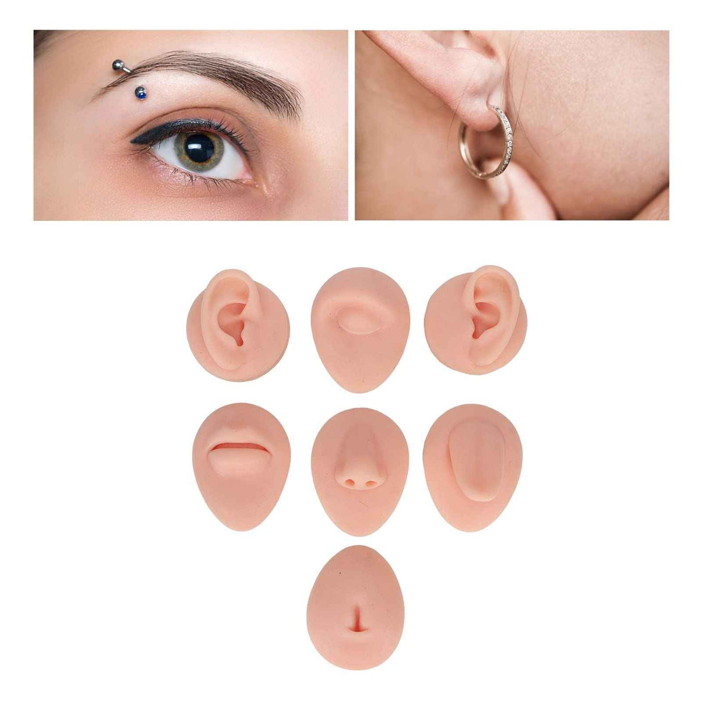 Fayelume 7PCS Piercing Practice Model Kit, Silicone Body Part Model For Piercing, Body Piercing Practice Model Kit Simulation Ear Eye Nose Mouth Tongue (Light Skin Colour)
