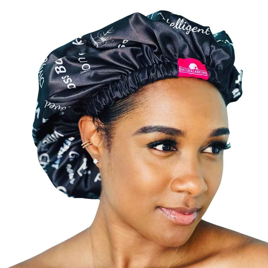 Shower Cap - Extra Large, Black, Satin lined inside, Reversible bonnet, Waterproof outer layer, Adjustable Elastic Strap, Reusable, Washable, Positive Affirmations for Women