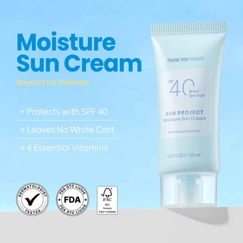 Sun Project Moisture Sun Cream SPF 40 - Korean Sunscreen with Panthenol | Fragrance-Free, Broad Spectrum, 1.69 fl oz