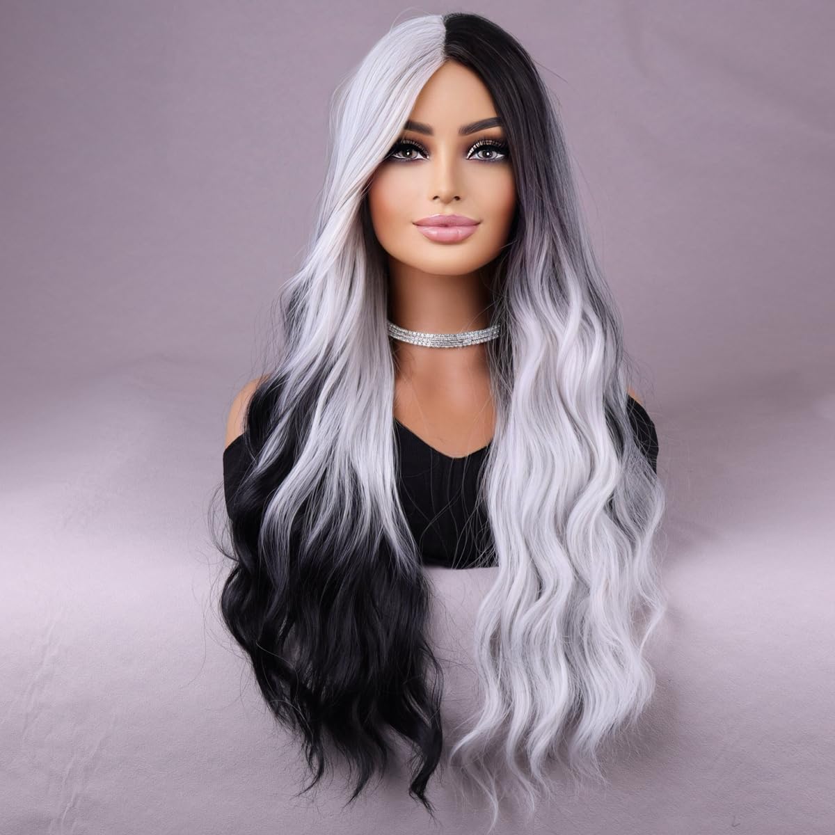 MAGQOO Black White Wig for Women Long Curly Wavy Black White Wig Middle Part Synthetic Heat Resistant Halloween Cosplay Costume Party Wig