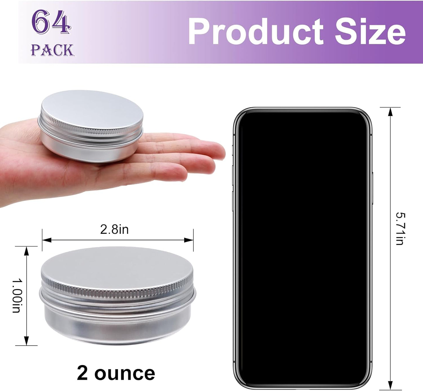 64-Pack 2oz Aluminum Tin Jars - Metal Round Tins with Screw Lid for Lotions, Balms & Spices