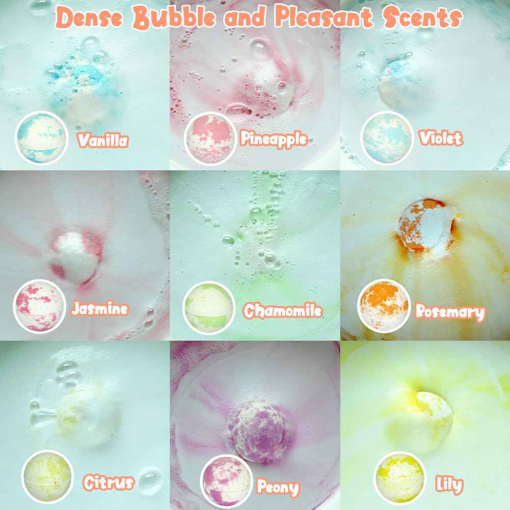KAV Girls Bath Bombs Set of 9 — Surprise Bracelet Bath Bombs for Kids & Tweens, Fizzy Colorful Bath Fizzies with Collectible Bracelet Inside, Kid-Safe Scents & Moisturizing Oils — Party Favors & Gifts