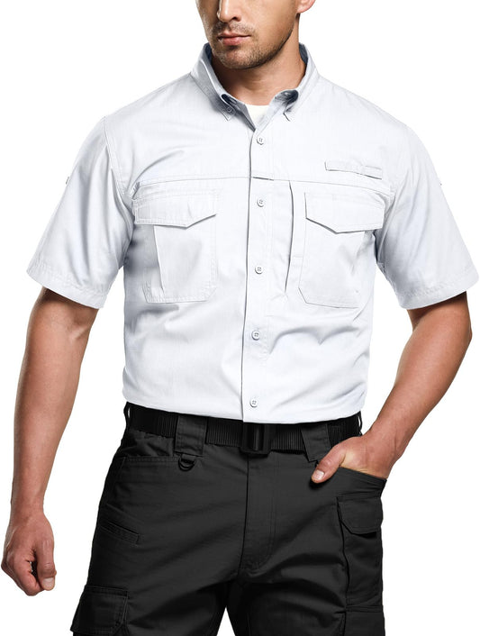 CQR Men's Short Sleeve Tactical Shirts, UPF 50+ Ripstop Military Work Shirts, Breathable Button Down Outdoor Hiking Shirt, Button Down Shirts White, XX-Large