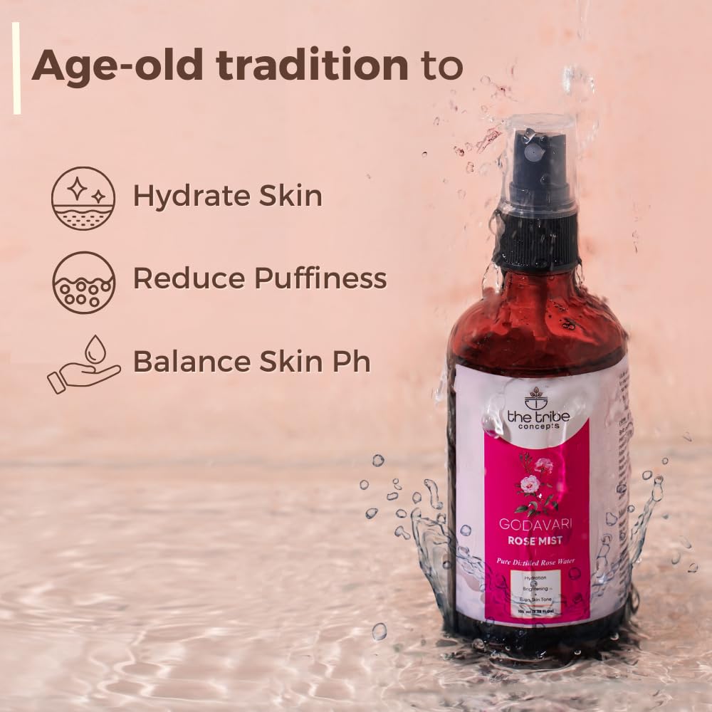The Tribe Concepts Godavari Rose Mist Face Toner, Pure Distilled Rose Water for Hydration, Brightening Even Skin Tone - 100 ml Pack of 1 Standard