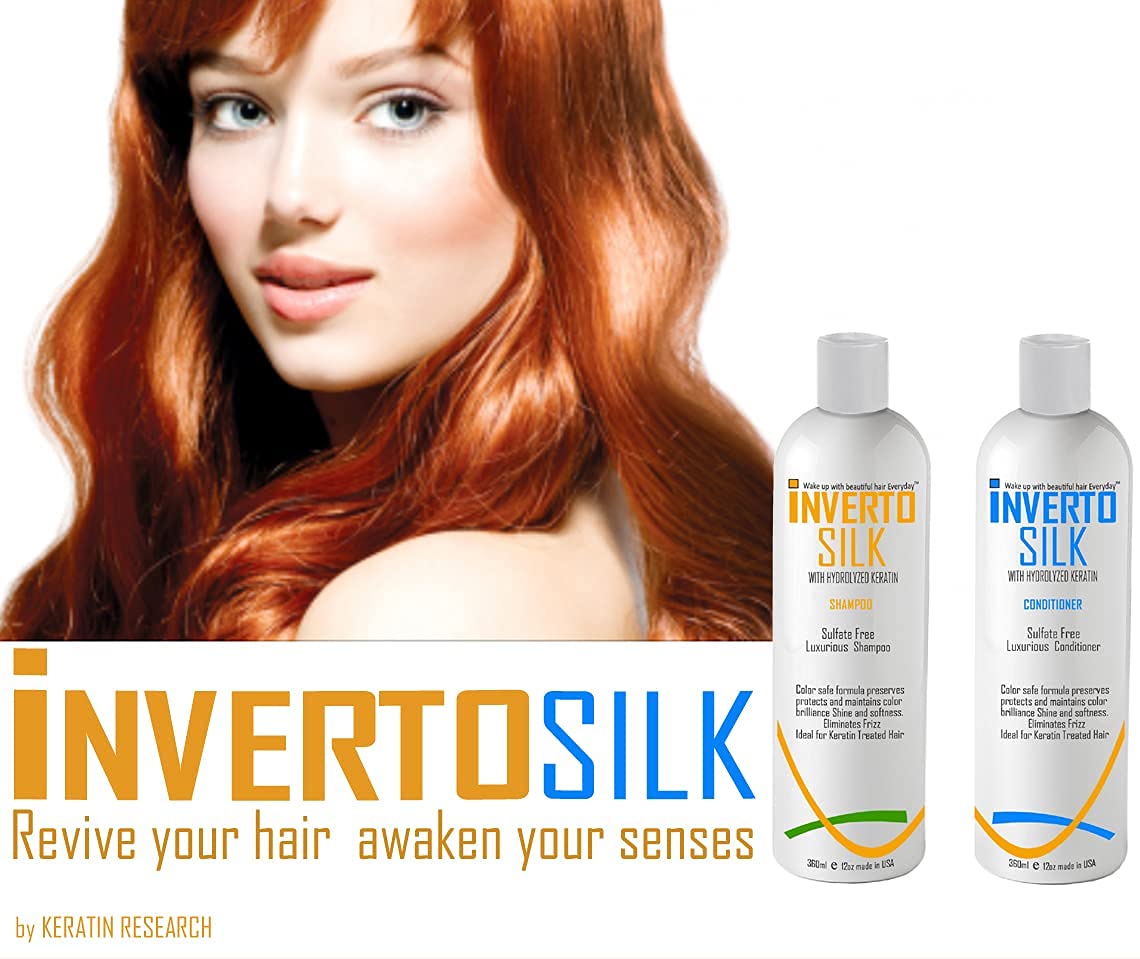 Keratin Shampoo Set For Frizzy Damaged And Color Treated hair INVERTO SILK Luxurious Sulfate Free Shampoo and Conditioner Two Bottles Value Set 2 x 360ml Protect Hair Color Eliminate Frizz
