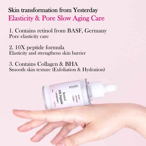 RAVIEL Retinol & Collagen 10X Peptide Ampoule – Firming Face Serum for Wrinkles, Pores, Elasticity & Aging Skin, Korean Skincare, 30ml (1.01 fl oz)