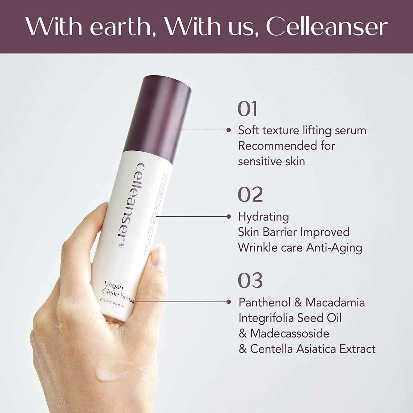 CELLEANSER Vegan Clean Serum – Moisturizing Facial Serum with Panthenol and Madecassoside, Non-greasy, Vegan, 1.01 Fl Oz