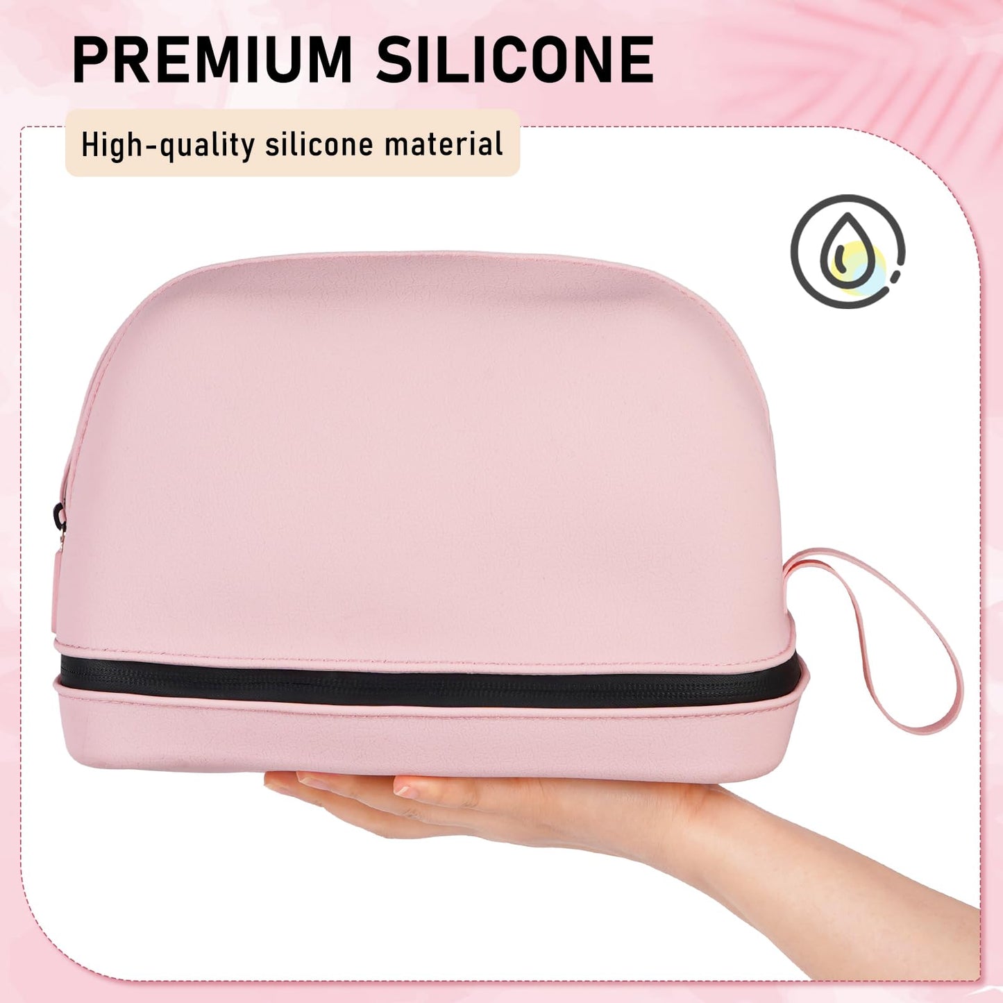 JurwheeR Makeup Bag, Large Capacity Portable Travel Cosmetic Bag, Soft Silicone Makeup Organizer, Washable, for Women with Handle and Divider