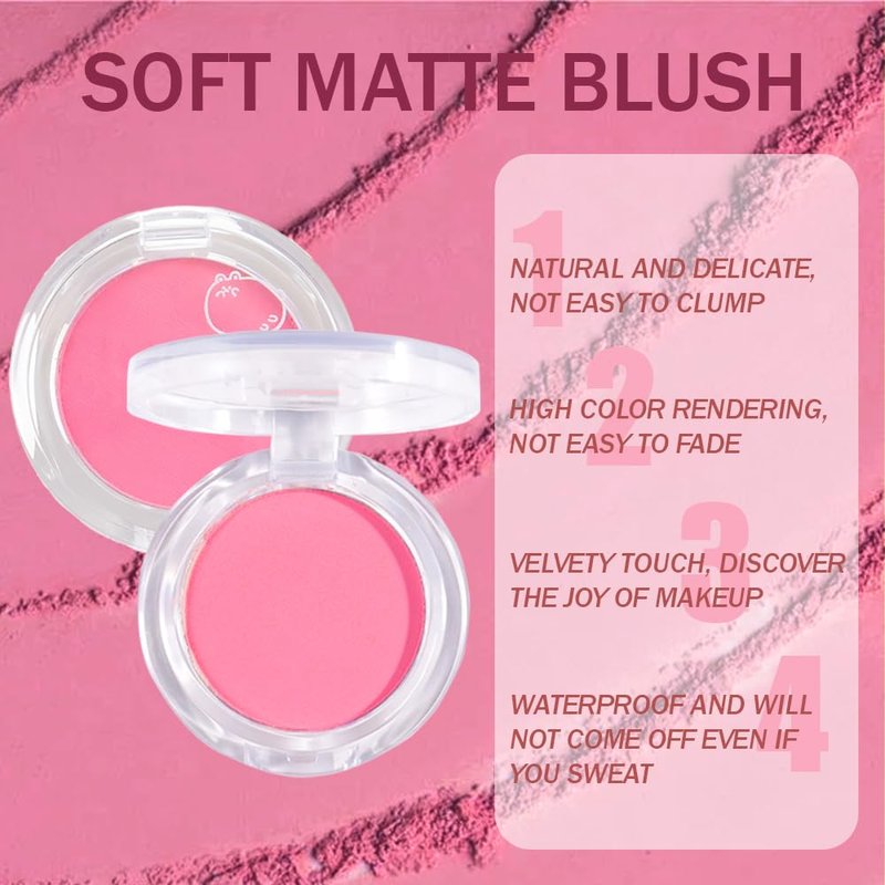 HHLTOH Matte Powder Blush for Cheeks – Long Lasting Natural Face Blusher Makeup, Lightweight Blendable Cheek Color for Women, Vegan & Cruelty-Free – #01 Pale Pink