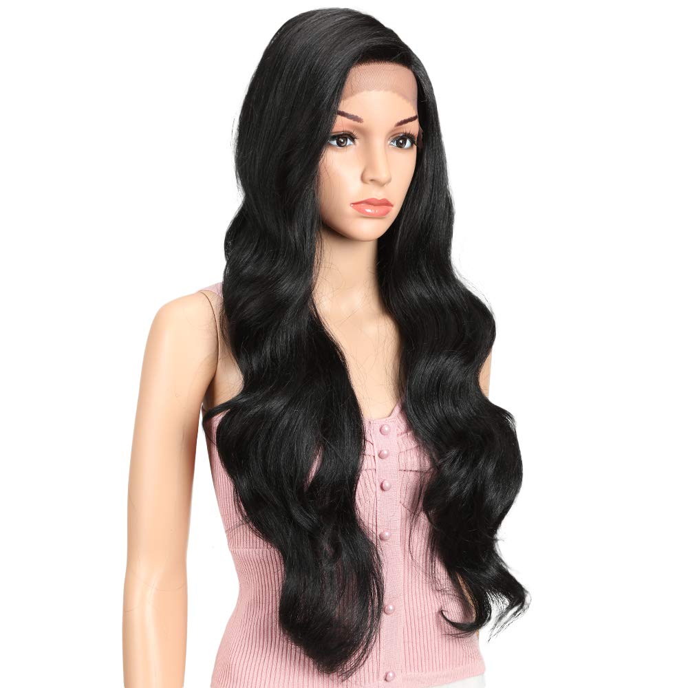 Joedir 30 inch Lace Front Long wavy Synthetic Hair Wigs for Women 130% Density wigs with Heat Resistant Fiber (Black)