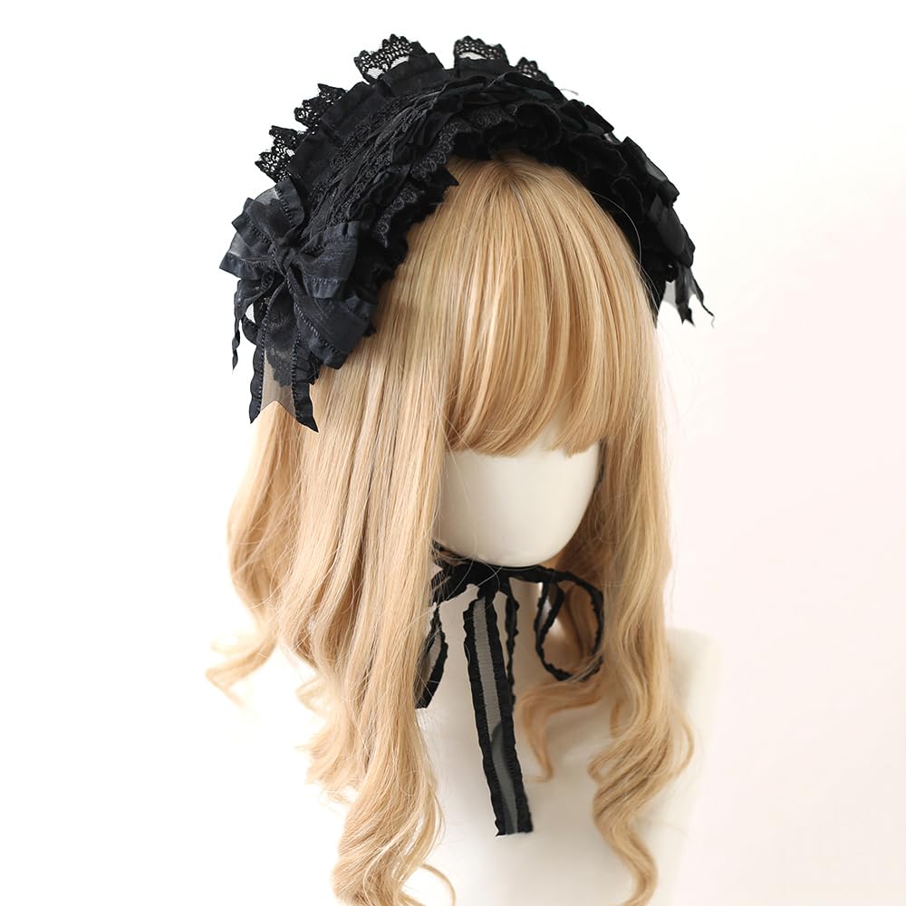 TTYAO REII Black Lolita Headpiece Women Girls Gothic Lace Bow Hair Accessories Maid Headdress for Cosplay Masquerade Party (Headband)