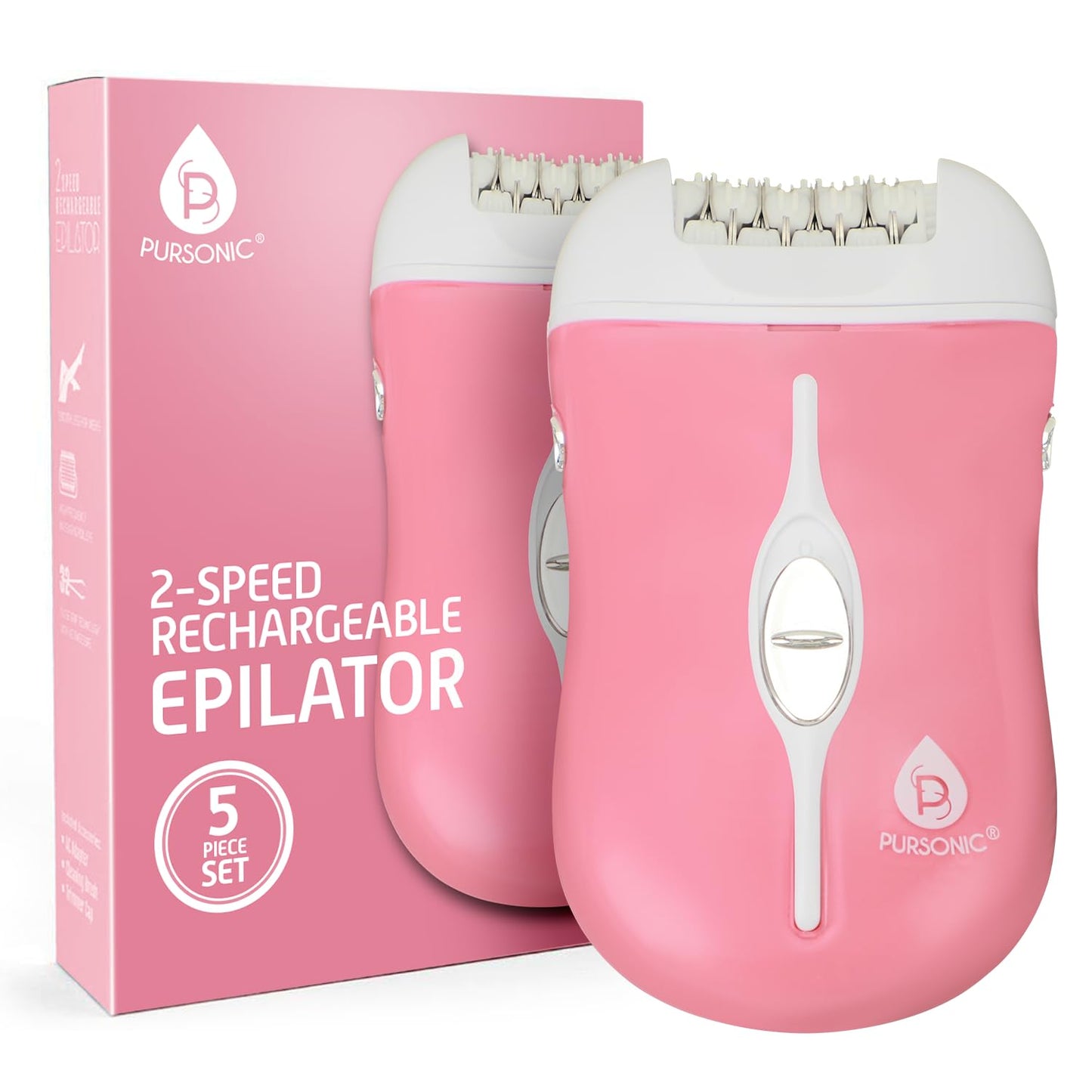 Pursonic Fe120P Cordless Epilator with 40 Tweezers - Rechargeable 2 Speed Epilators Hair Removal for Women - Compact Hair Removal Device for Arms, Legs, Underarms & Bikini Area