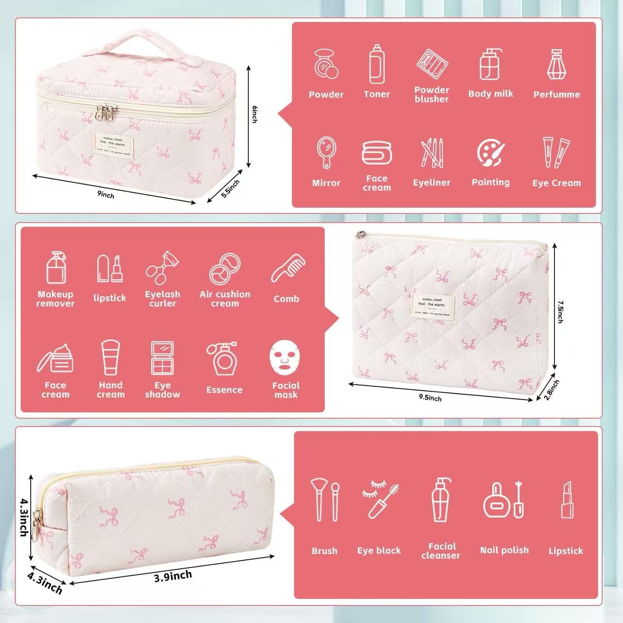 MZLUWM 3Pcs Makeup Bag Cute Cosmetic Bags for Women, Large Capacity Travel Quilted Makeup Bag Set,Cotton Floral Makeup Pouch, Coquette Puffy Toiletry Bag,Attractive Quilted Pouch (Pink bow)